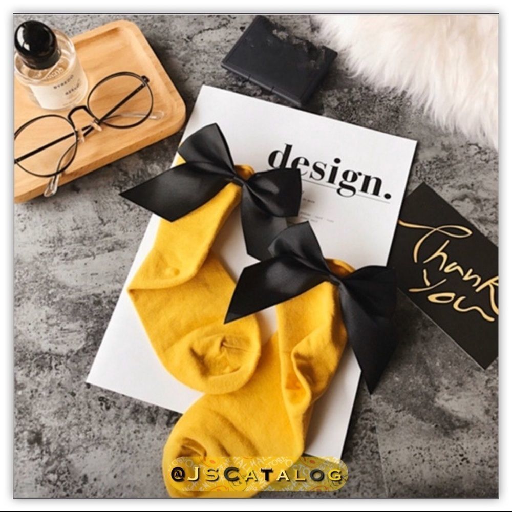 💛Trendy Yellow Cotton Socks w/ Black Satin Bow🖤